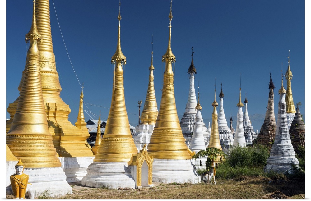 Myanmar, Shan, Nyaungshwe, Pagodas at Inthein on Inle Lake.