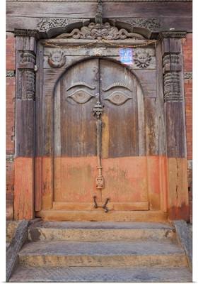 Nepal, Kathmandu, Lord Buddha's eyes carved on a wooden door, Hanuman Dhoka