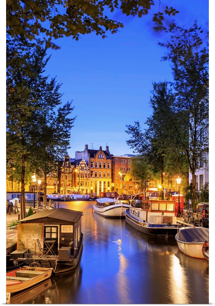 Netherlands, North Holland, Benelux, Amsterdam, Groenburgwal Canal at night.