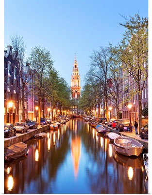 Netherlands, Benelux, Amsterdam, Montelbaan Tower At Oude Schans Illuminated At Dusk