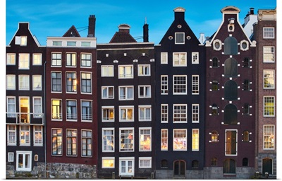 Netherlands, North Holland, Amsterdam, Typical Dutch Houses Along The Damrak Canal