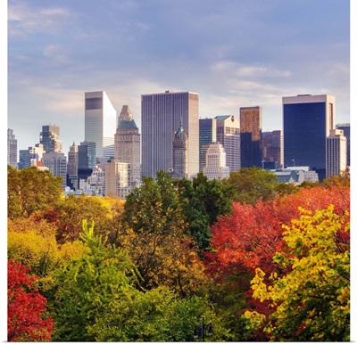New York City, Central Park, Central Park South skyline during fall foliage