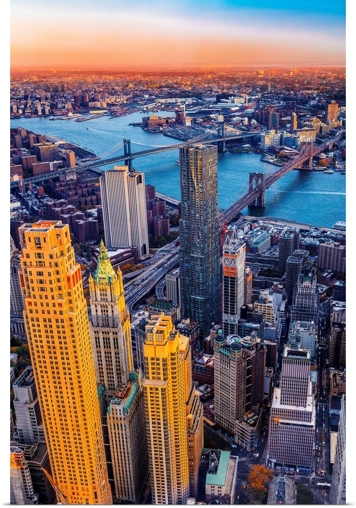 USA, New York City, East River, Manhattan, Lower Manhattan, One World Observatory at One World Trade Center, view from the...