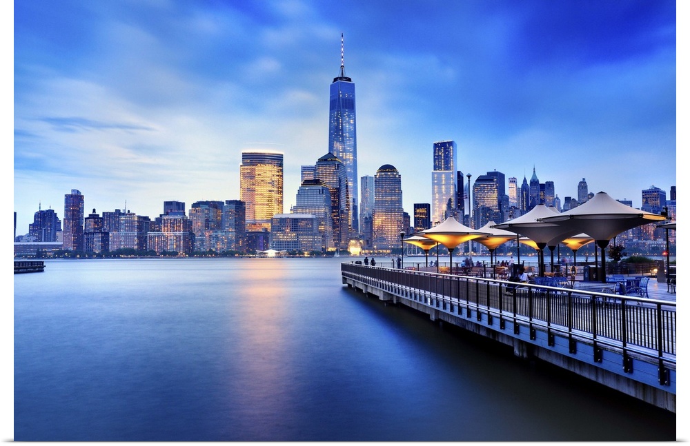 USA, New York City, freedom tower, new jersey, Manhattan, wooden pier, Manhattan, Lower Manhattan, One World Trade Center,...
