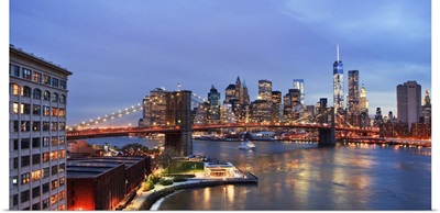 New York City, Manhattan, Brooklyn Bridge, Downtown skyline with the Freedom Tower