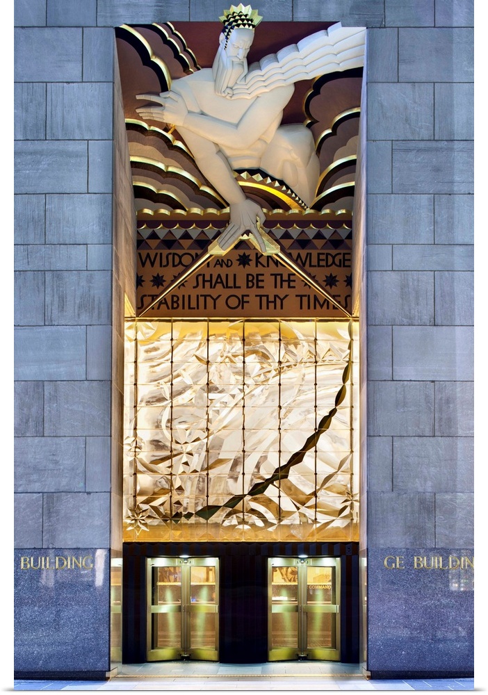 USA, New York City, Manhattan, Midtown, Rockefeller Center, The Art Deco artwork at the entrance to the GE (RCA) Building ...