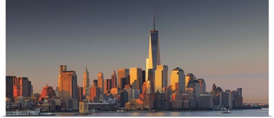 New York City, Manhattan, One World Trade Center, Freedom Tower, City skyline at sunrise