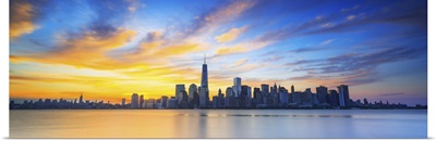 New York City, Manhattan, One World Trade Center, Freedom Tower, City skyline at sunrise