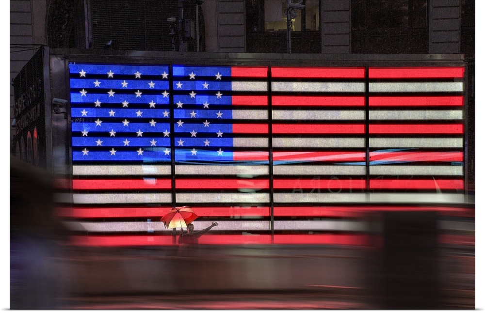 USA, New York City, Manhattan, Midtown, Times Square, Police station American flag.