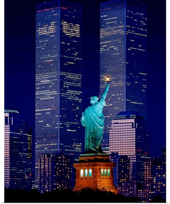 New York City, Statue of Liberty and World Trade Center at night