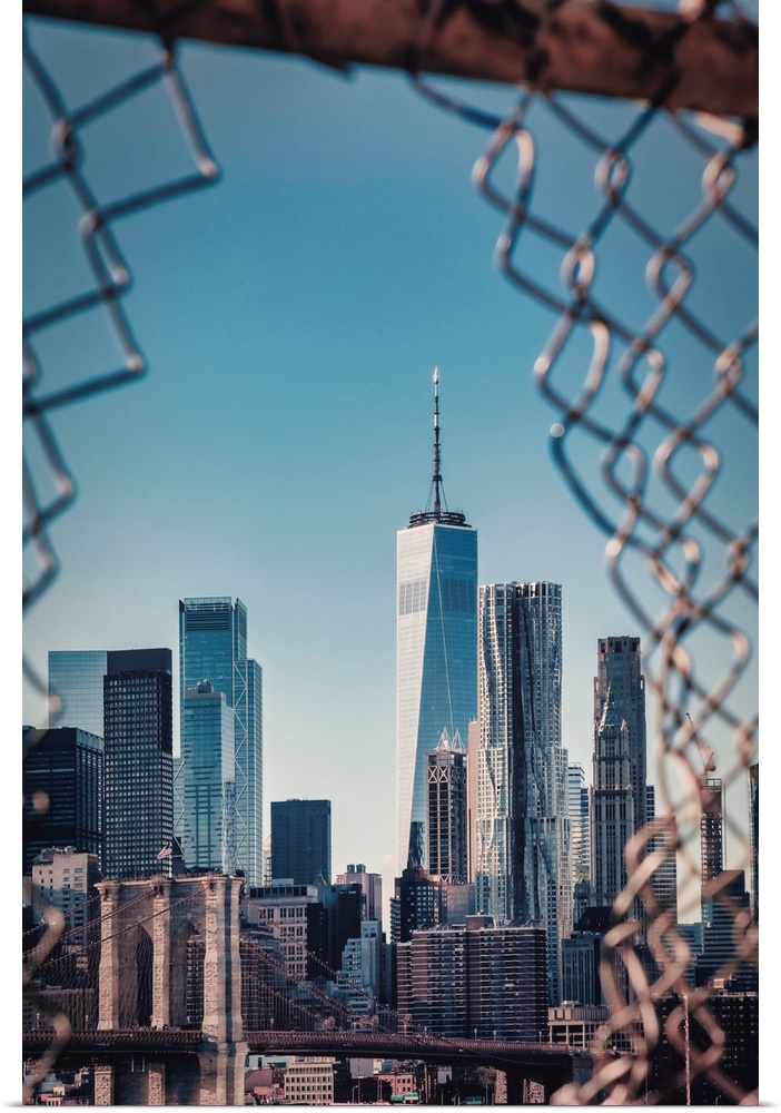 New York City, East River Scene with Lower East Side skyline viewed from Manhattan Bridge.