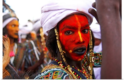 Niger, Wodaabe-Bororo man, face painted for the annual Gerewol male beauty contest