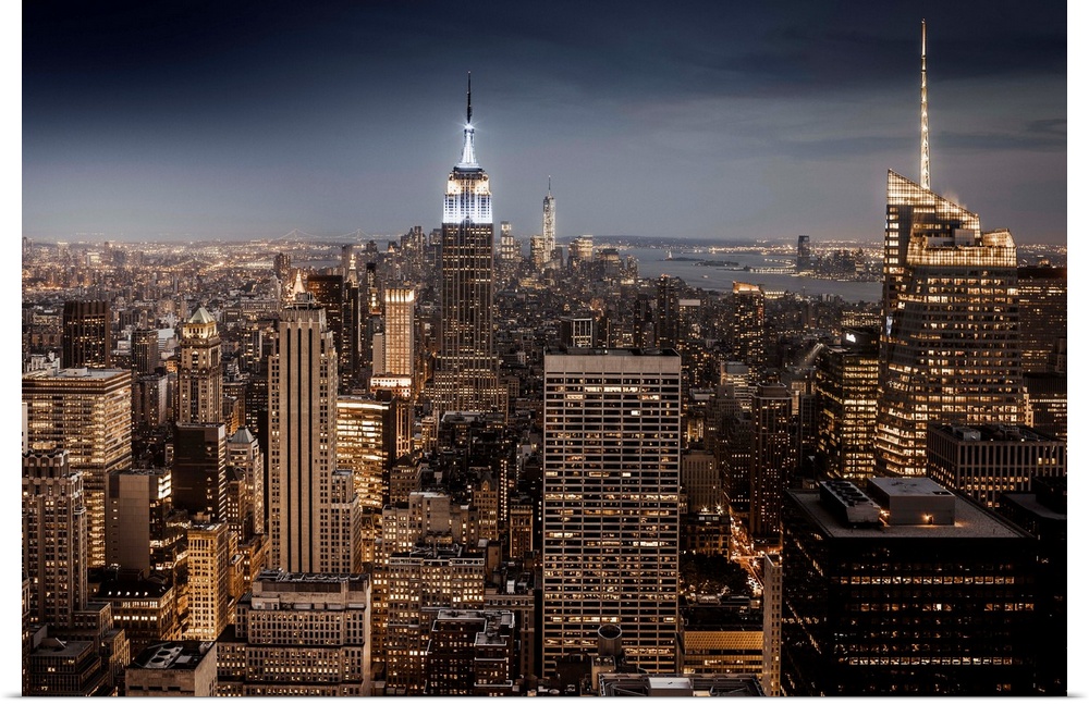 New York, New York City, Manhattan, Empire State Building, Cityscape from Top of the Rock at the Rockefeller Center.