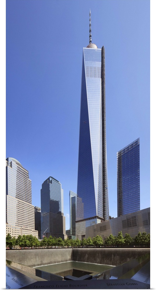 New York, New York City, Manhattan, Freedom Tower, Ground Zero memorial at the site of the World Trade Center.