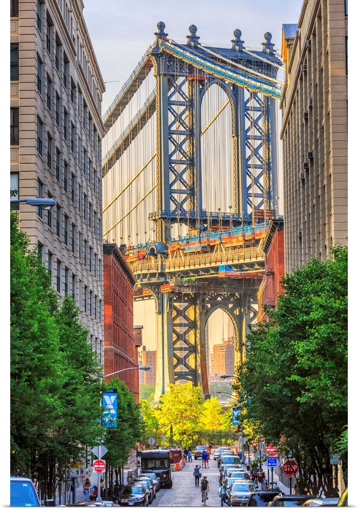 New York, New York City, Manhattan, Manhattan Bridge, Dumbo and Manhattan bridge classic view from Washington Street.