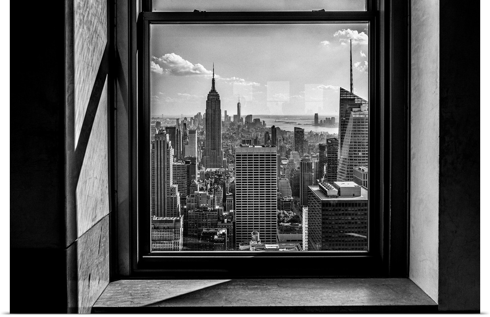 New York, New York City, Manhattan, Rockefeller Center, Midtown cityscape from Top of the Rock with the Empire State Build...