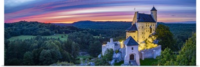 Poland, Silesia, Bobolice, Clouds After The Sunset On Medieval Bobolice Castle At Dusk