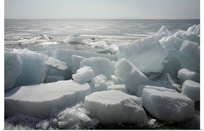 Russia, Siberia, Listvyanka village, Huge blocks of ice on frozen Lake Baikal's banks
