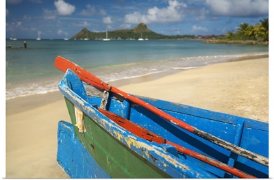 Saint Lucia, Caribbean, Boat on the beach, Pigeon Island in background