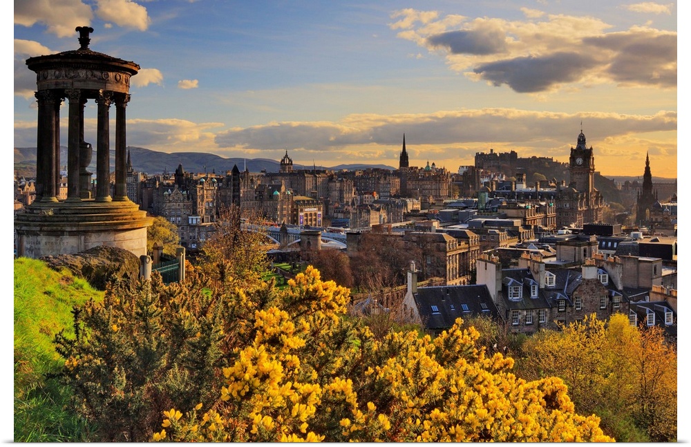 UK, Scotland, Great Britain, Edinburgh, Calton Hill, Dugald Stewart Monument and the city in the background.