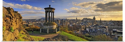 Scotland, Edinburgh, Calton Hill, Dugald Stewart Monument and the city in the background