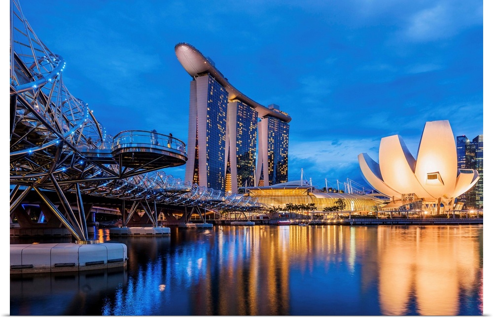 Singapore, Singapore City, Helix Footbridge, Marina Bay Sands Hotel and ArtScience Museum at Marina Bay.