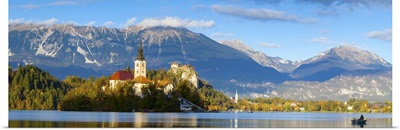 Slovenia, Bled Island with the Church of the Assumption and Julian Alps