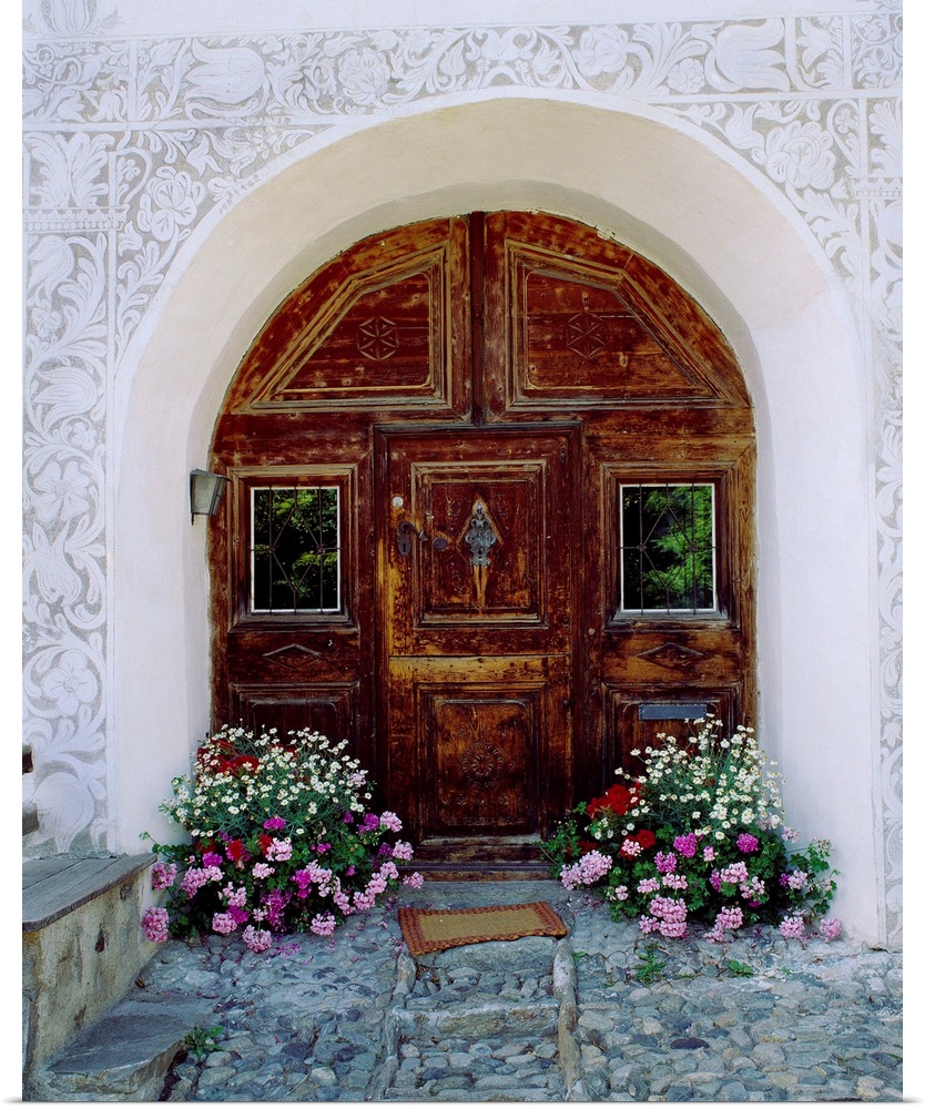Switzerland, Engadin, Guarda village, typical door