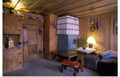 Switzerland, Graubunden, Engadin, Stube (room with a typical wood-burning stove)