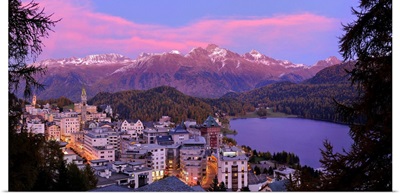 Switzerland, Graubunden, Saint Moritz, View of lake and town centre