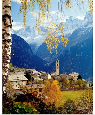 Switzerland, Graubunden, view towards Soglio village and Sciora range