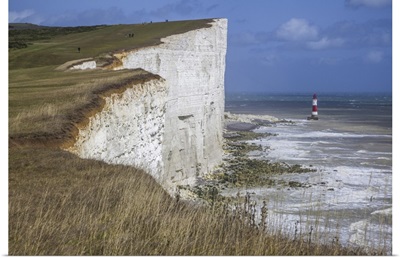 UK, England, White Chalk Cliffs, Red-White Striped Beachy Head Lighthouse