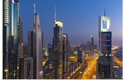 United Arab Emirates, Dubai, Futuristic buildings on Sheikh Zayed Road