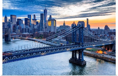 USA, New York City, East River, Aerial View Towards Manhattan, Brooklyn Bridge, Sunset