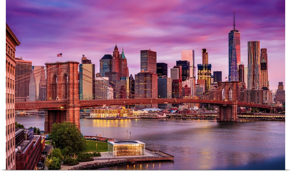 USA, New York City, Brooklyn, East River, Dumbo, Brooklyn Bridge, View of the Lower Manhattan and Financial District skyli...