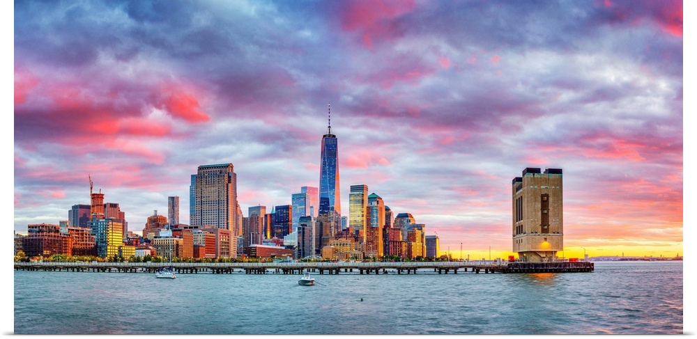 USA, New York City, Lower Manhattan, Financial District and Freedom Tower, view from Pier 40 at sunset.