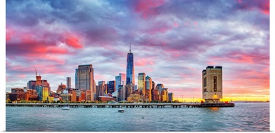 USA, New York City, Lower Manhattan, Financial District And Freedom Tower, Sunset