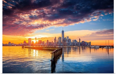 USA, New York City, Manhattan Skyline With Freedom Tower From New Jersey, At Sunrise
