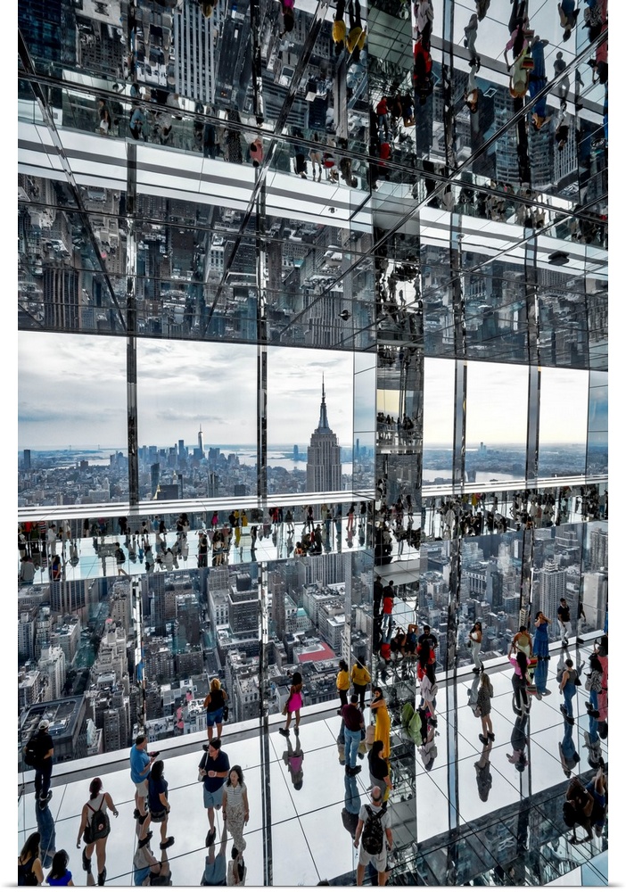 USA, New York City, Manhattan, Summit Building, mirrored view of people walking on glass floor, Empire State Building and ...