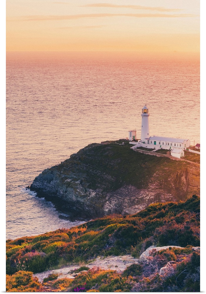 Wales, Anglesey, Great Britain, British Isles, South Stack Lighthouse in North Wales at sunset on a summer evening