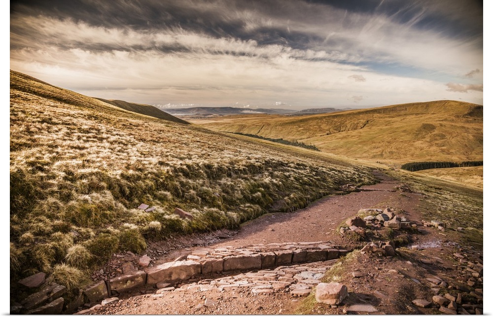 UK, Wales, Great Britain, Brecon Beacons National Park, Mountain trail just after sunrise.