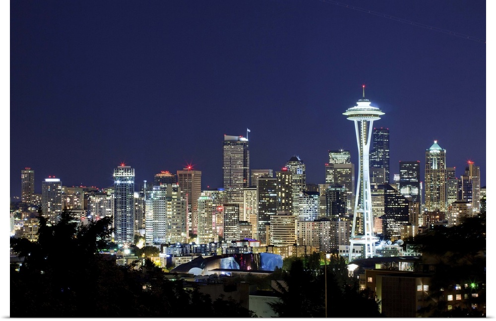 United States, USA, Washington, Seattle, Skyline with Space Needle at night