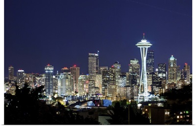 Washington, Seattle, Skyline with Space Needle at night