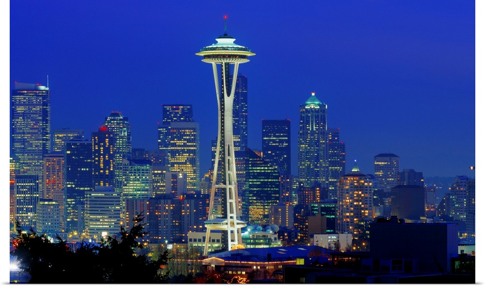 Washington, Seattle, Space Needle with skyline, night illuminated