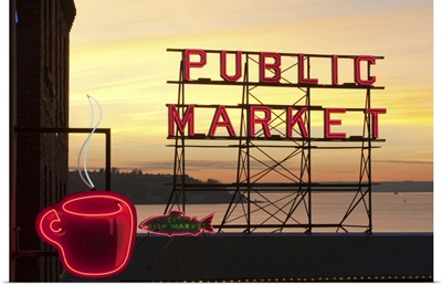 Washington, Seattle, The Public Market sign at Pike Place Market in the evening light