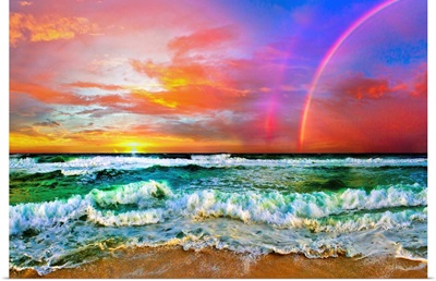 Beach Rainbow Colorful Ocean Wave Sunset