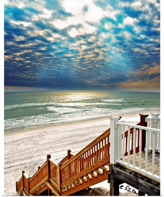 Beach Staircase Blue Sun Rays Glistening Sea