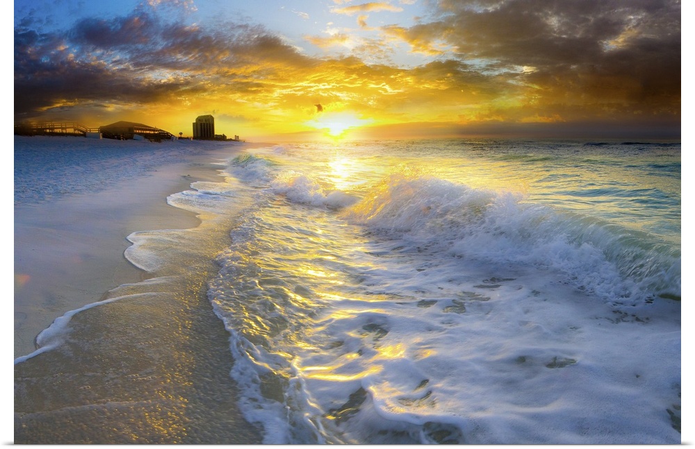 A beautiful beach landscape at sunrise with ocean waves.