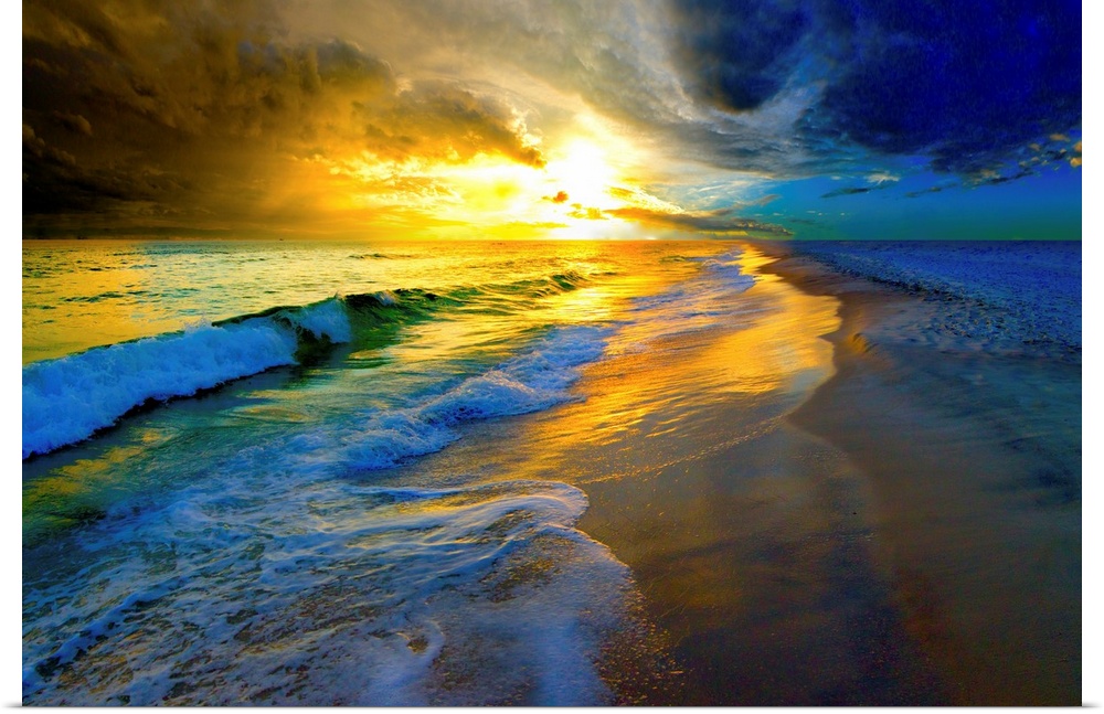 A beautiful ocean sunset with waves striking a sunlit sea shore.