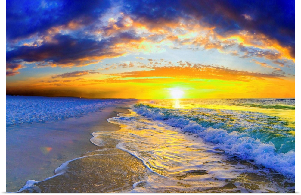 An ocean sunrise with beautiful waves and an orange sunrise.